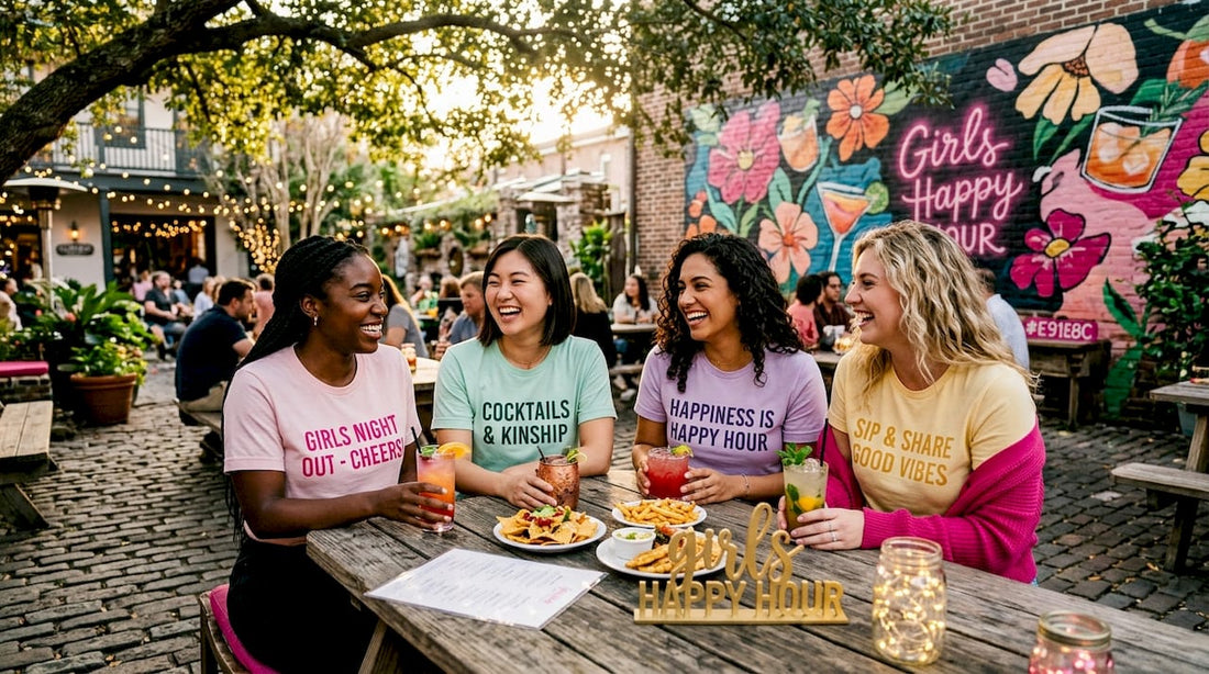 Group of smiling women in funny shirts outside bar