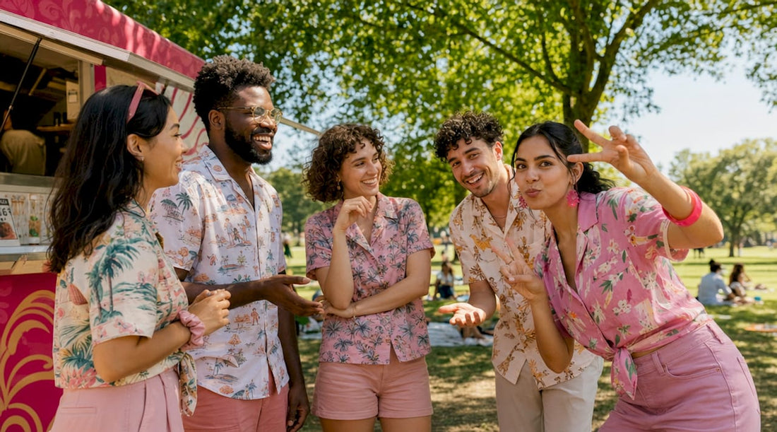 Group wearing humor travel shirts at airport
