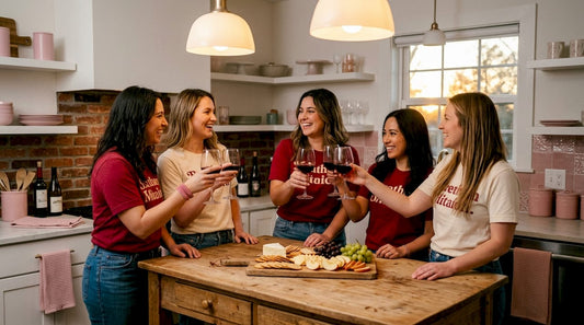 Group toasting wine night matching shirts