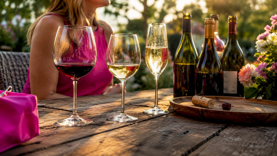 Three distinct wine glass styles on wooden table