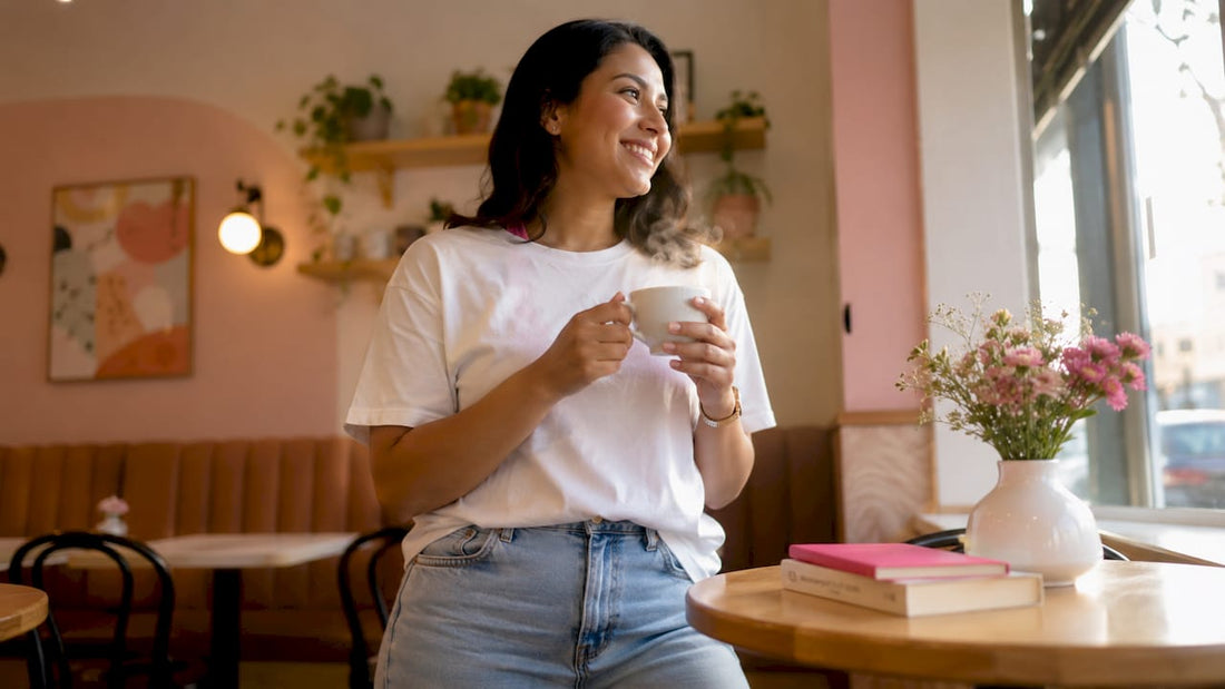Woman wearing funny divorce shirt smiling with coffee