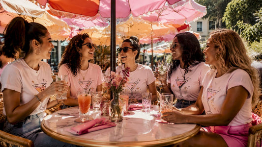 Diverse women in inside joke group shirts outdoors