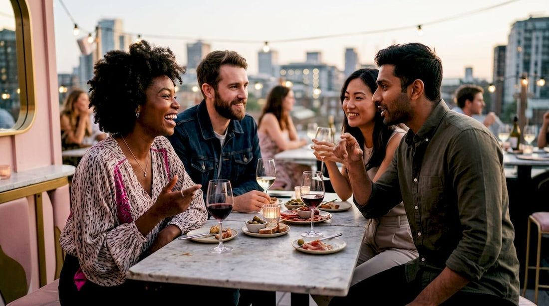 Group enjoying wine night in smart casual attire