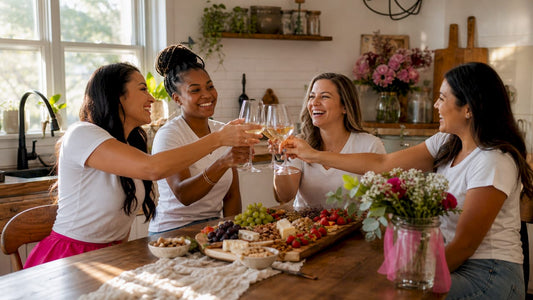 Group wearing personalized wine shirts celebrating with wine