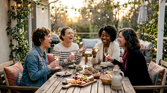 Group laughing and enjoying wine gathering