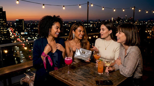 Group of young women in smart casual dress at rooftop lounge