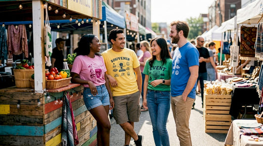 Group wearing various souvenir shirts outdoors