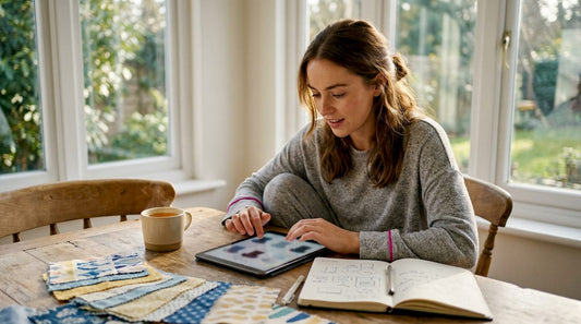 Woman browsing t-shirt alternatives on tablet at kitchen table