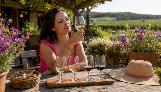 Woman swirling wine glass at tasting counter