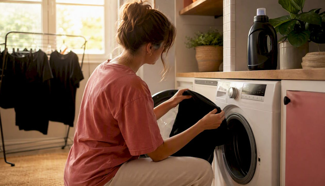 Hands placing black shirt in washing machine
