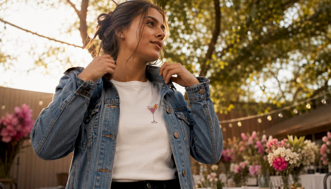 Woman styling graphic tee with blazer sleeve