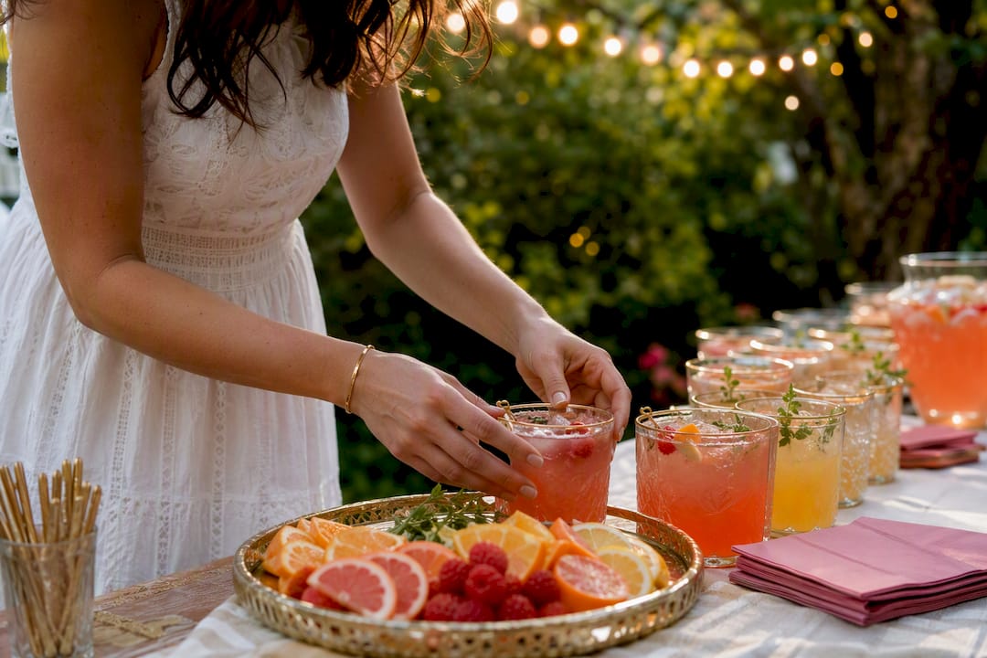 Hands pouring champagne amid bachelorette celebration setup