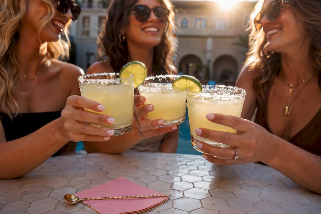 Friends raising margaritas for group photo