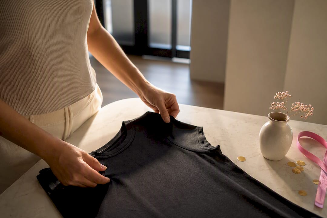 Hands arranging birthday garment detail