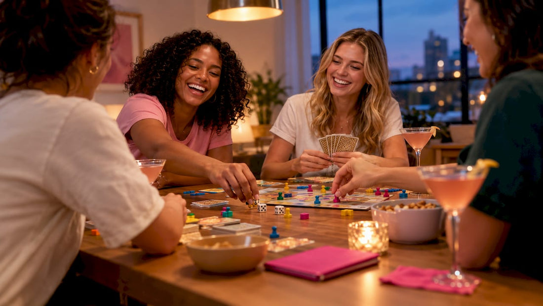 Friends playing games at a shirt-themed game night