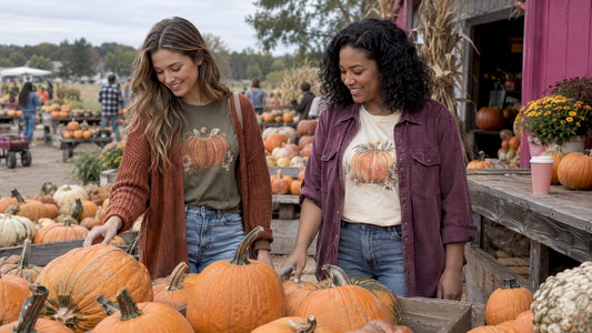 Women wearing fall graphic shirts at pumpkin patch
